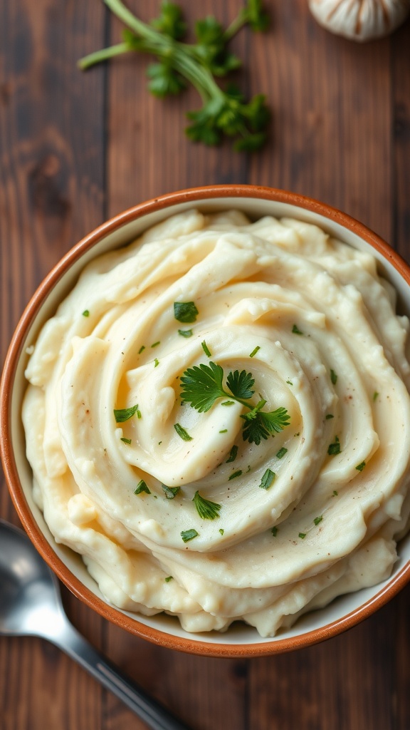 A bowl of creamy garlic mashed potatoes garnished with parsley on a rustic table.